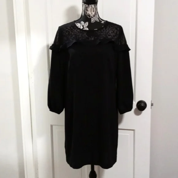 ποΈ π€LOFTπ€ - Black L/S Dress w/Sheer Polka Dot Ruffle Detail - Picture 4 of 16